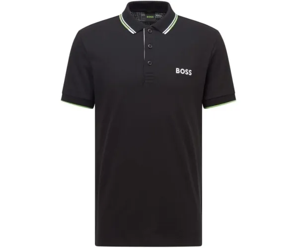 BOSS Men's Paddy Pro Contrast Color Cotton Stretch Polo Shirt Medium Black / Lime