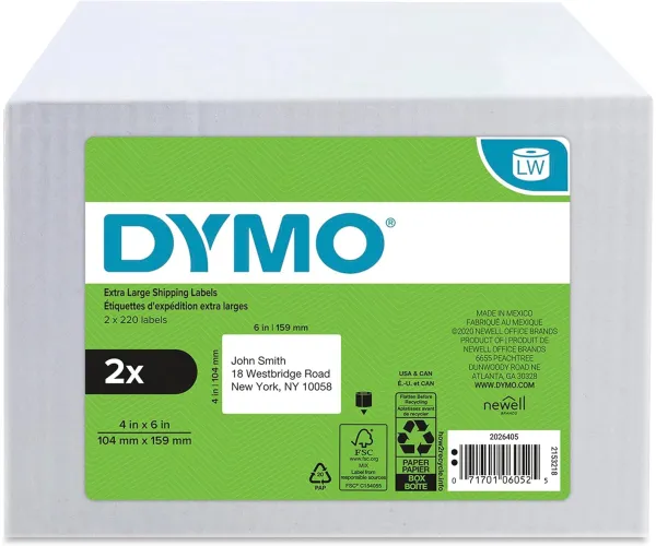 DYMO Authentic LW Extra-Large Shipping Labels for LabelWriter Label Printers, White, 4'' x 6'', 2 Rolls of 220 (440 Total) 2 Rolls Shipping Labels