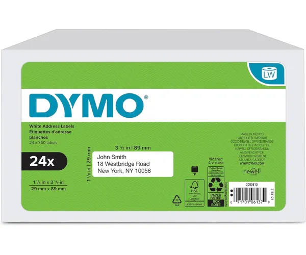 DYMO Authentic LW Mailing Address Labels, DYMO Labels for LabelWriter Label Printers, White, 1-1/8