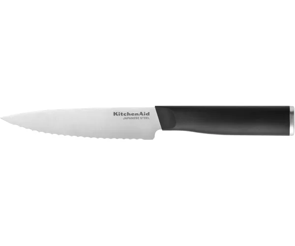 KitchenAid Classic Serrated Utility Knife with Custom Fit Blade Cover, 8 inch, Sharp Kitchen Knife, High Carbon Japanese Stainless Steel Blade, Black Knife 5.5-Inch Serrated Utility Knife